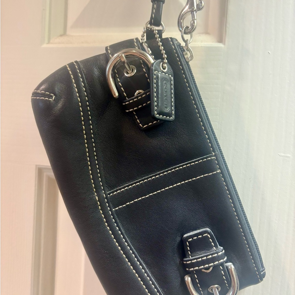 Coach SoHo Double Buckle Black Leather Wristlet with Silver Hardware